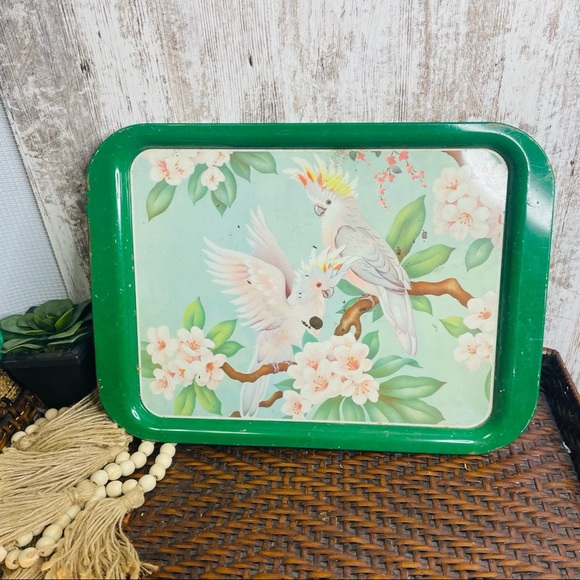 Vintage MCM Set of 3 Metal Tray Cockatoo and Flowers - Picture 7 of 8